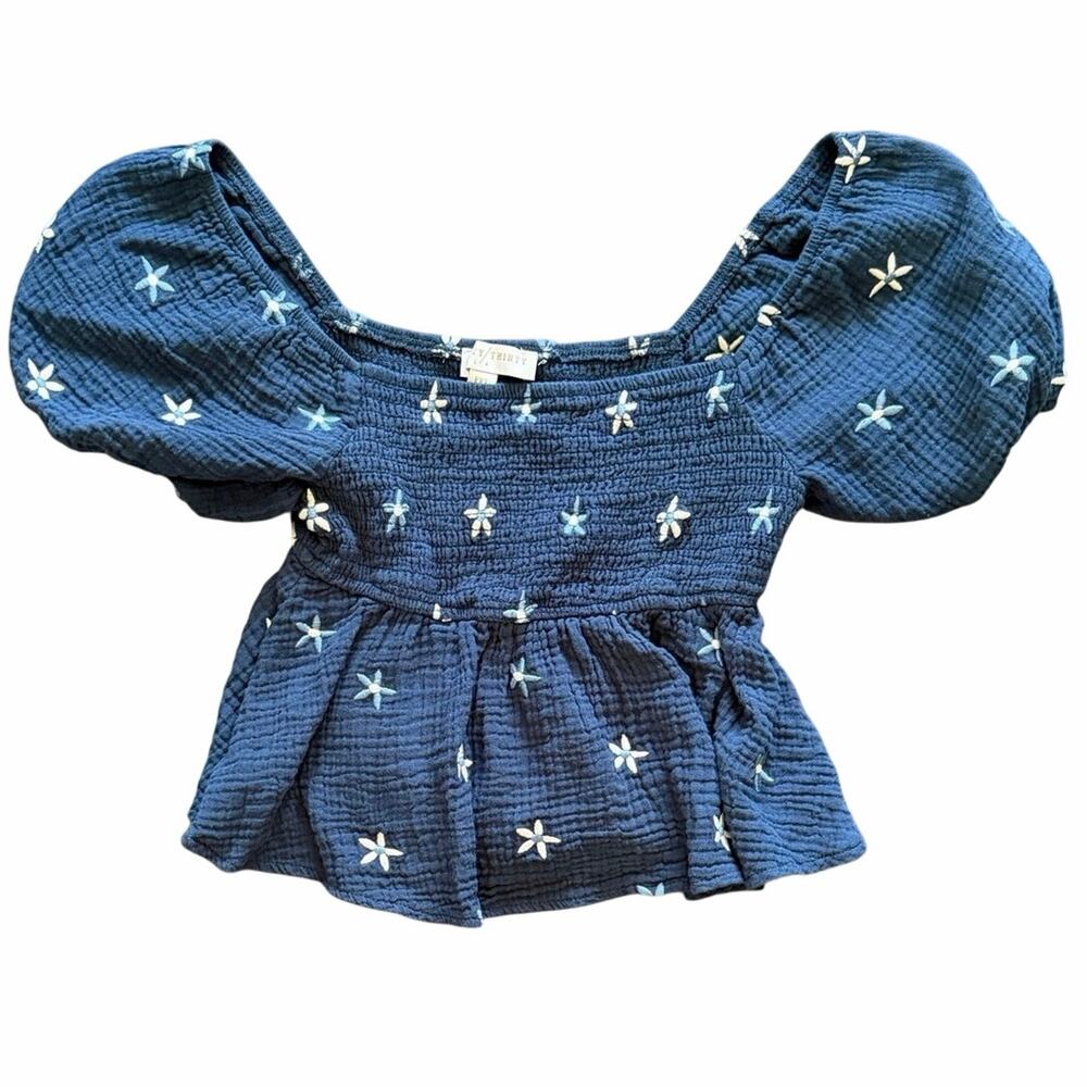Thirty Thirty Floral Embroidered Cotton Gauze Smocked Crop Top Navy M